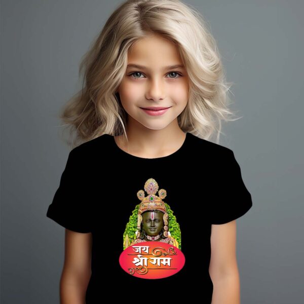 Cute girl with long blond hair wearing white outfit. T-shirt template, print presentation mockup. Happy child standing against neutral grey wall background.