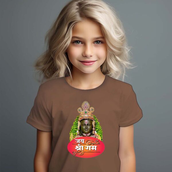 Cute girl with long blond hair wearing white outfit. T-shirt template, print presentation mockup. Happy child standing against neutral grey wall background.