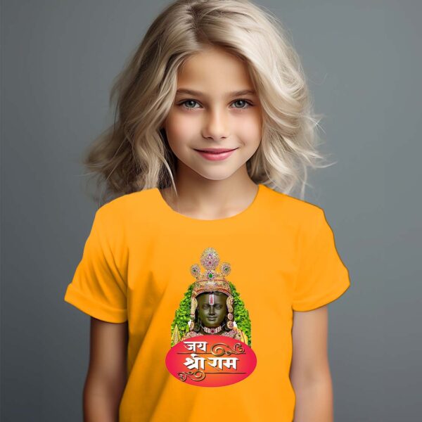 Cute girl with long blond hair wearing white outfit. T-shirt template, print presentation mockup. Happy child standing against neutral grey wall background.